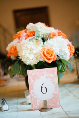 Blush_Pink_Pennsylvania_Wedding_by_New_Chapters_Photography.09 Orange + White Hydrangea Rose Centerpiece